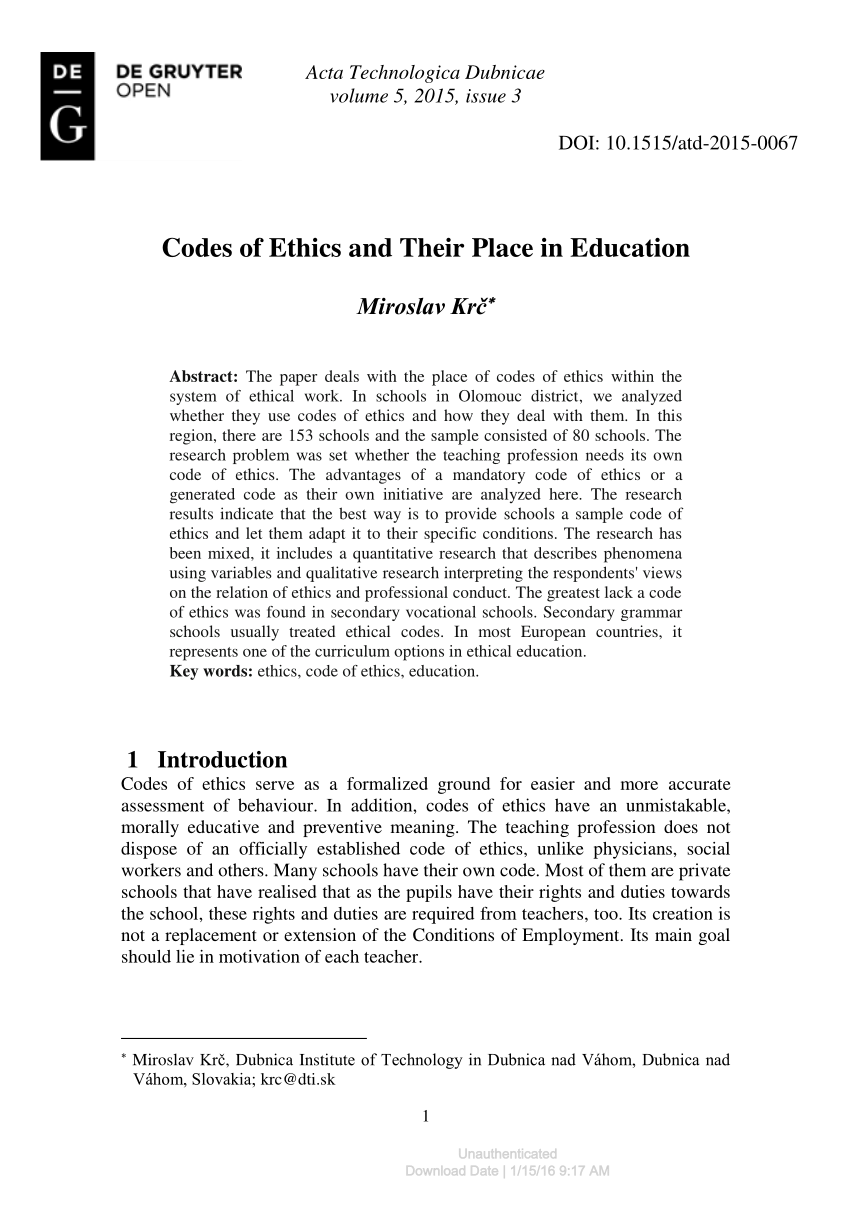 Pdf Codes Of Ethics And Their Place In Education