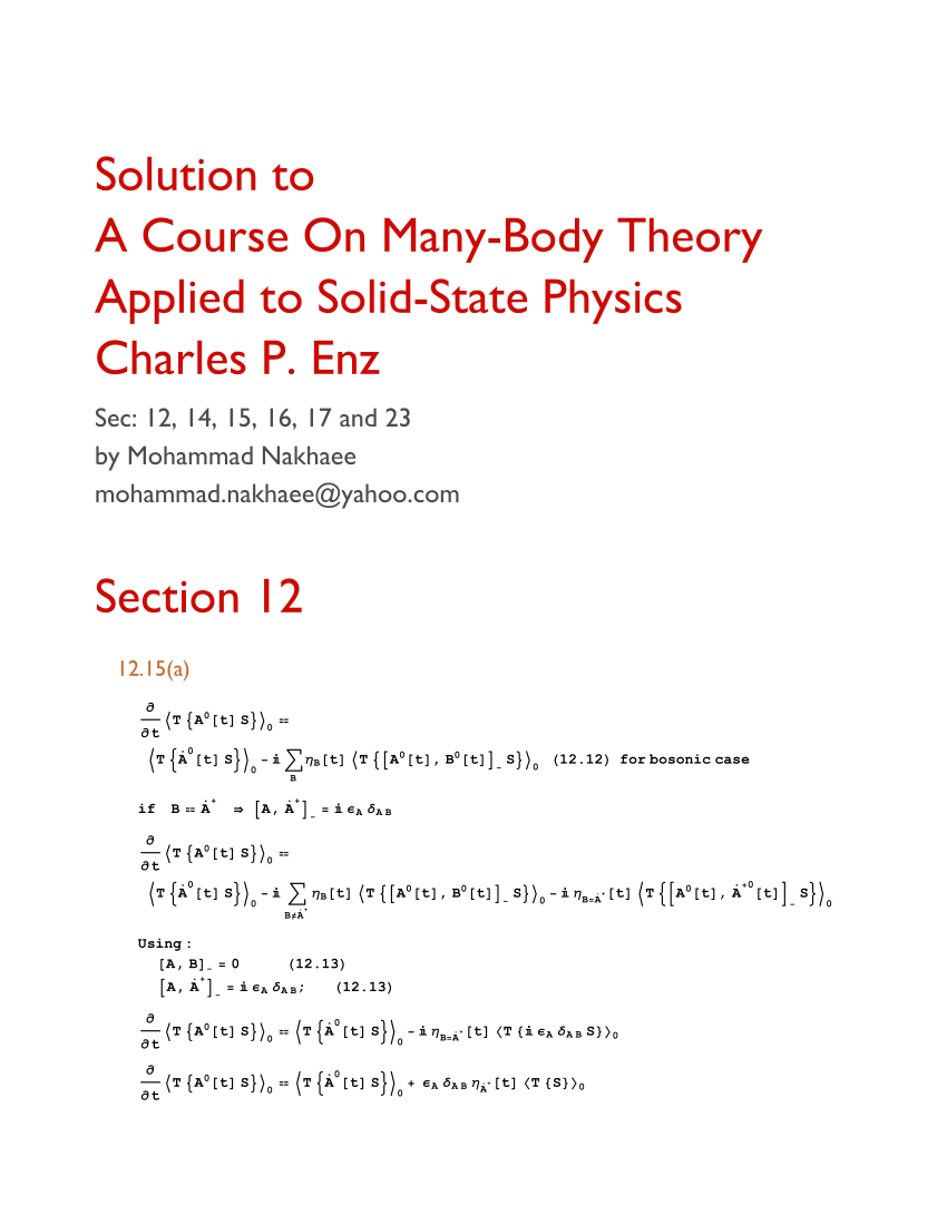 Pdf Solution To A Course On Many Body Theory Applied To Solid State Physics Charles P Enz
