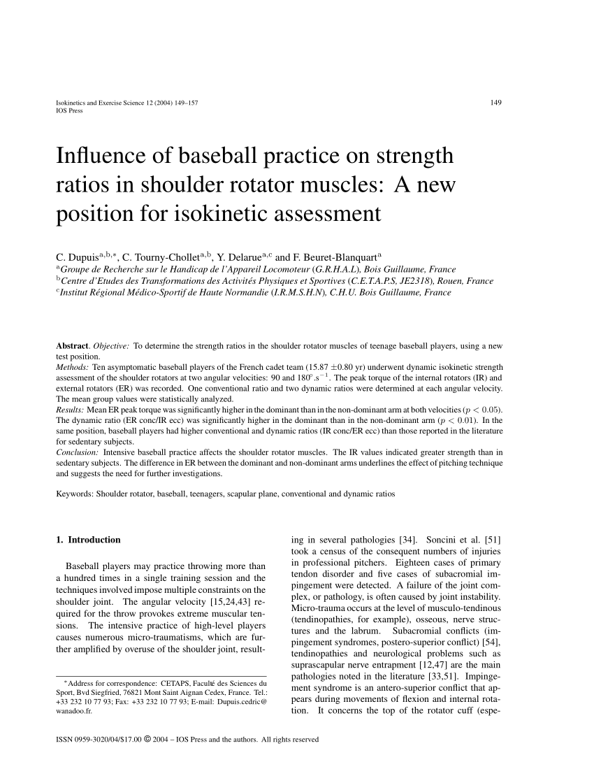 Pdf Influence Of Baseball Practice On Strength Ratios In Shoulder Rotator Muscles A New Position For Isokinetic Assessment