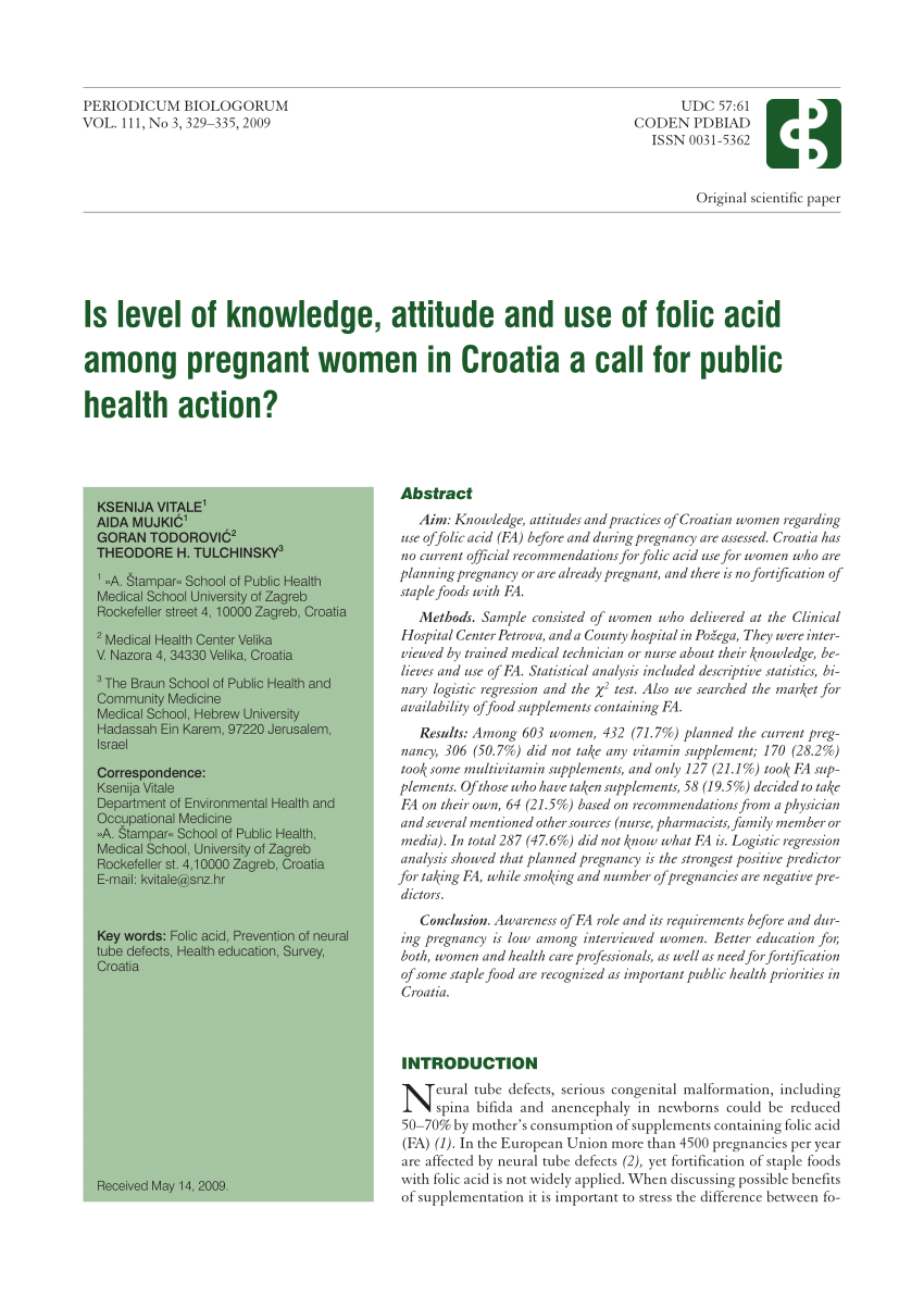 Pdf Is Level Of Knowledge Attitude And Use Of Folic Acid Among Pregnant Women In Croatia A Call For Public Health Action