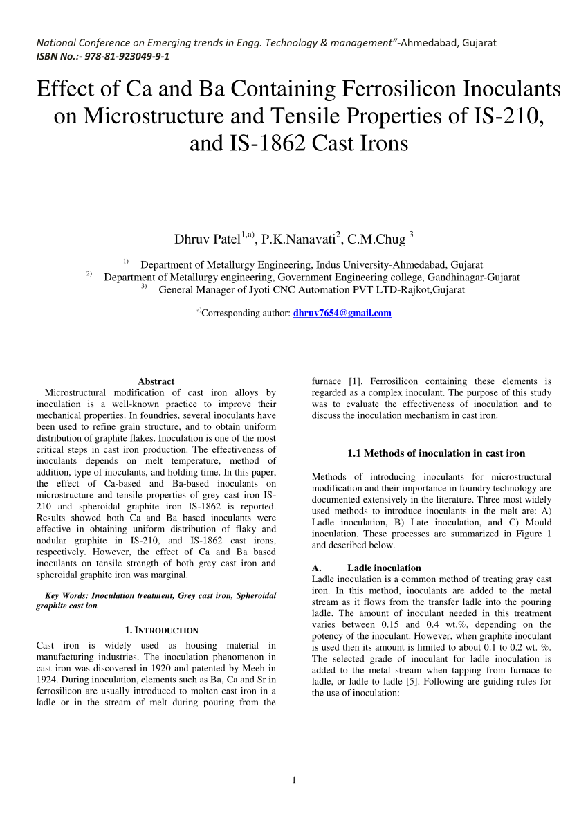 Pdf Effect Of Ca And Ba Containing Ferrosilicon Inoculants On Microstructure And Tensile Properties Of Is 210 And Is 1862 Cast Irons