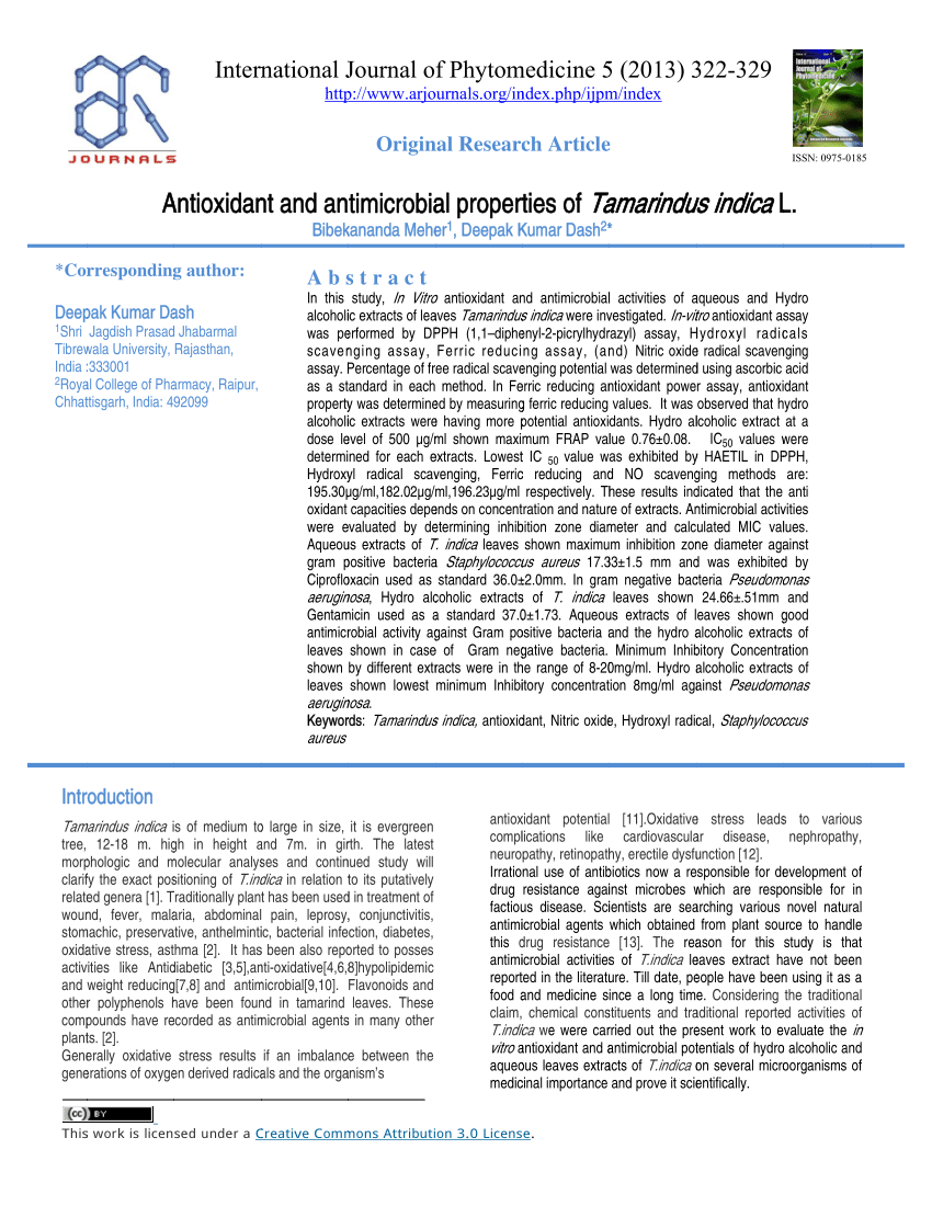 Pdf Antioxidant And Antimicrobial Properties Of Tamarindus Indica L