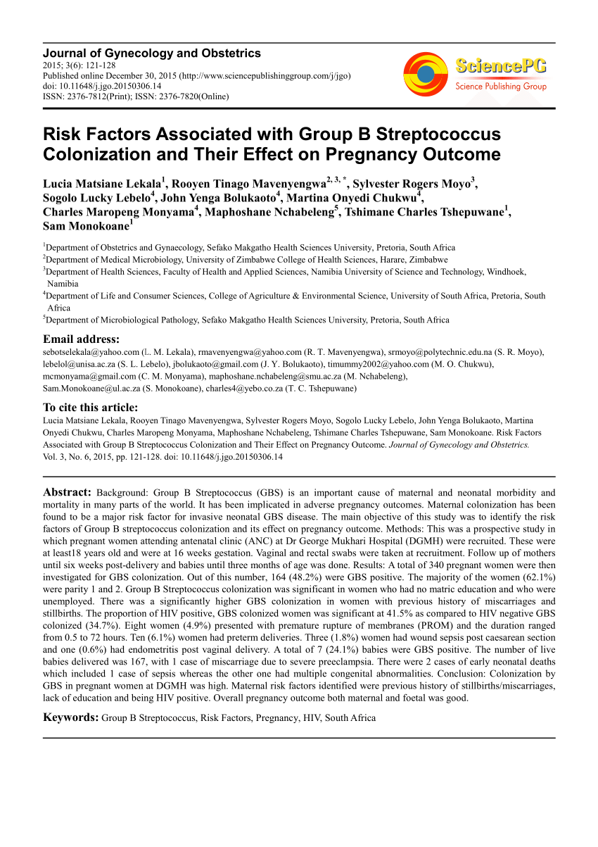 Pdf Risk Factors Associated With Group B Streptococcus Colonization And Their Effect On Pregnancy Outcome