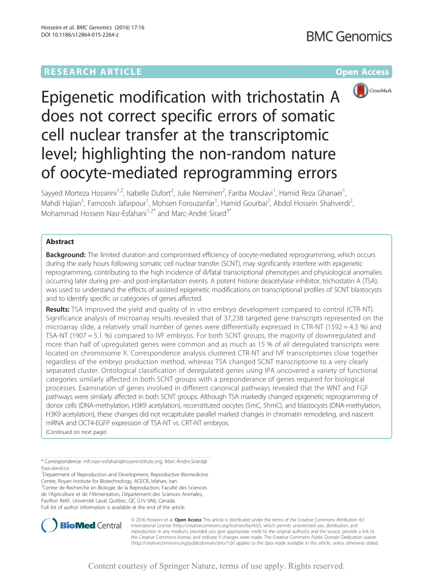 Pdf Epigenetic Modification With Trichostatin A Does Not Correct Specific Errors Of Somatic Cell Nuclear Transfer At The Transcriptomic Level Highlighting The Non Random Nature Of Oocyte Mediated Reprogramming Errors