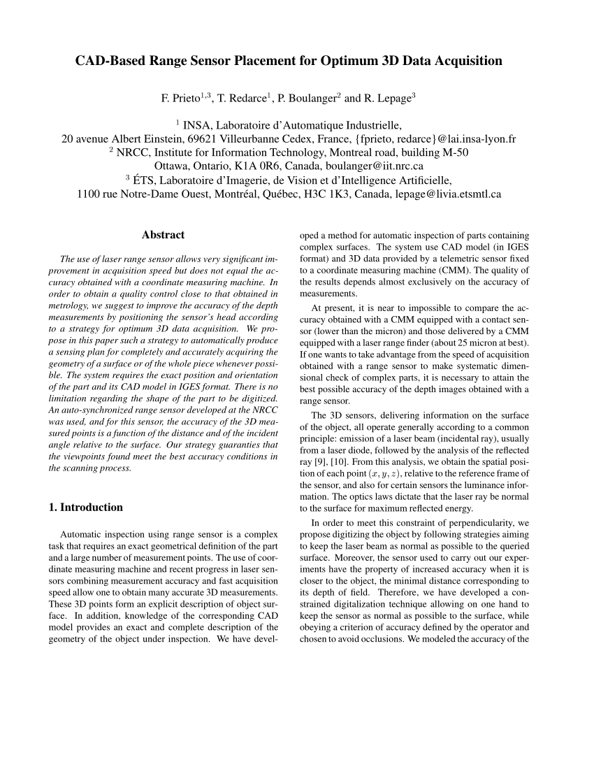 Pdf Cad Based Range Sensor Placement For Optimum 3d Data Acquisition