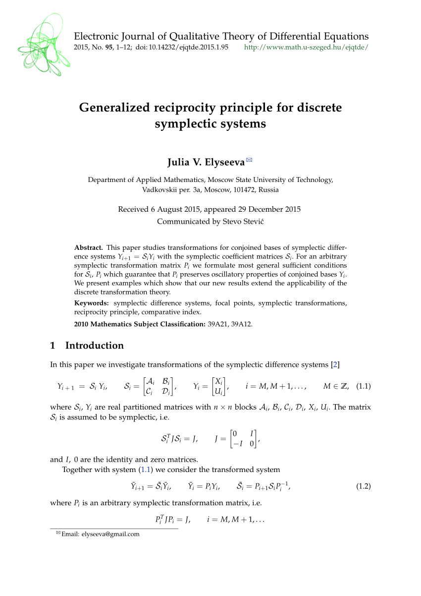 Pdf Generalized Reciprocity Principle For Discrete Symplectic Systems