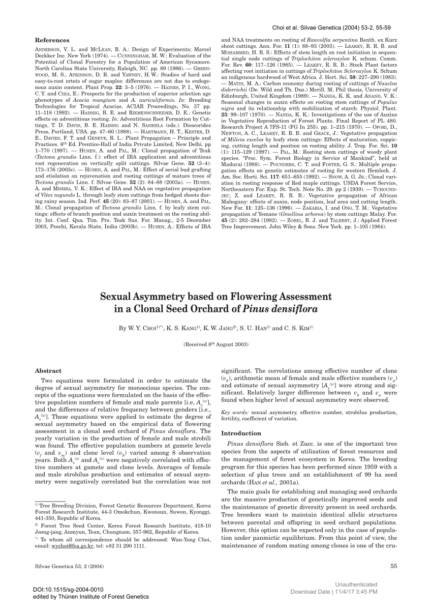 Pdf Sexual Asymmetry Based On Flowering Assessment In A Clonal Seed Orchard Of Pinus Densiflora 3921