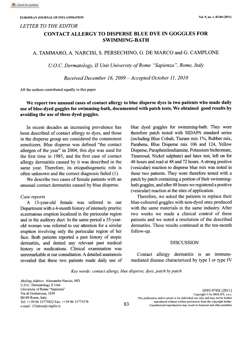 (PDF) Contact Allergy to Disperse Blue Dye in Goggles for SwimmingBath