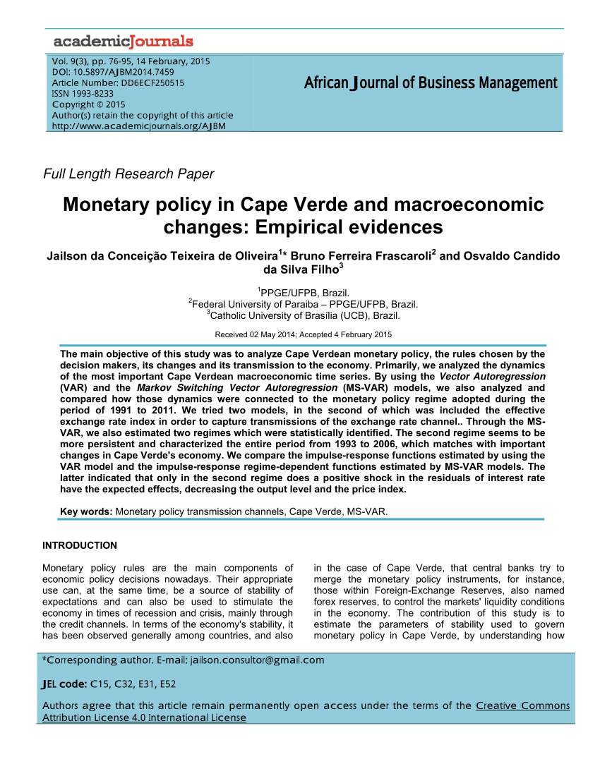 Pdf Monetary Policy In Cape Verde And Macroeconomic Changes