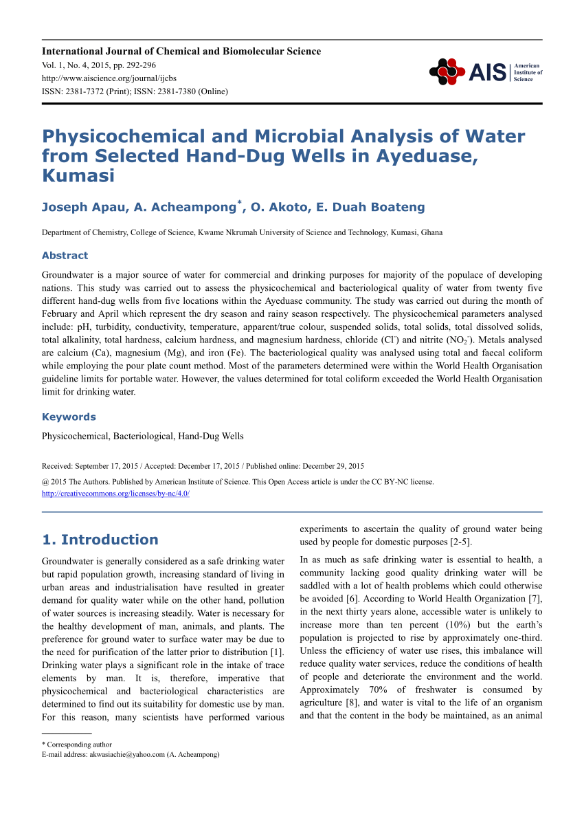 thesis on physicochemical analysis of water