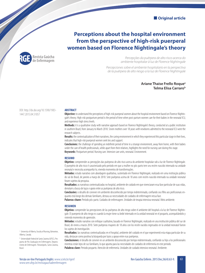 PDF) Perceptions about the hospital environment from the perspective of  high-risk puerperal women based on Florence Nightingale's theory
