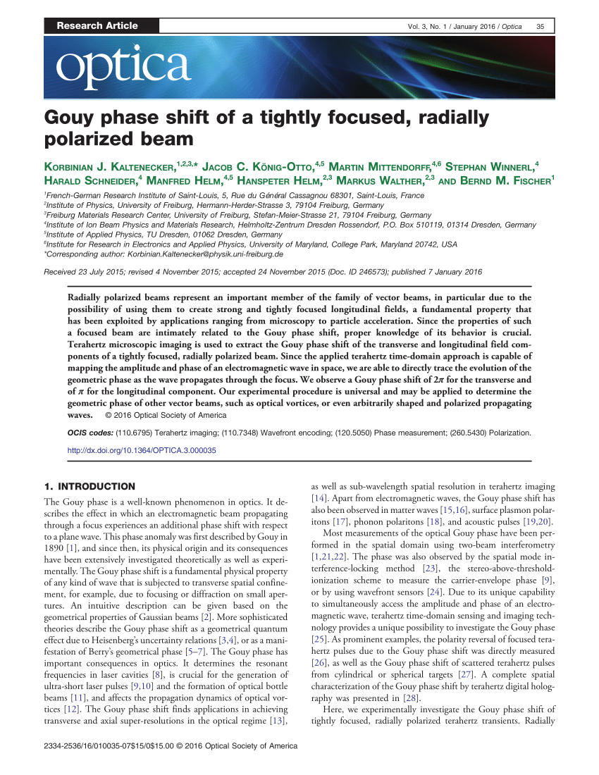(PDF) Gouy phase shift of a tightly focused, radially polarized beam