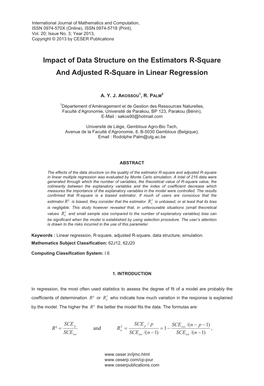 Pdf Impact Of Data Structure On The Estimators R Square And Adjusted R Square In Linear Regression