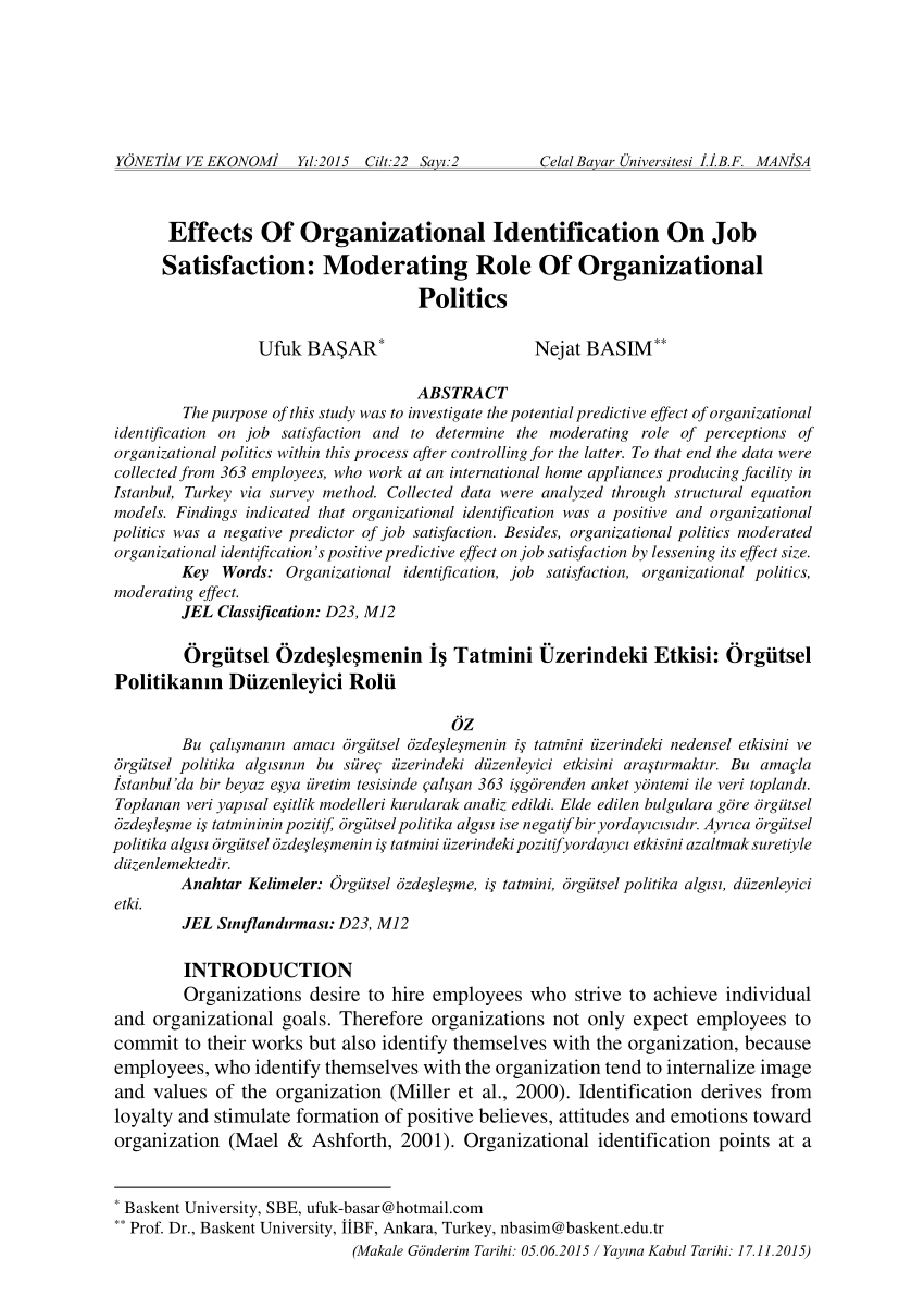 Pdf Effects Of Organizational Identification On Job Satisfaction Moderating Role Of Organizational Politics