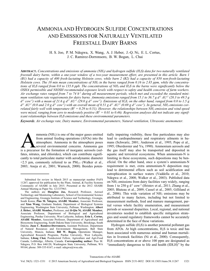 Pdf Ammonia And Hydrogen Sulfide Concentrations And Emissions For