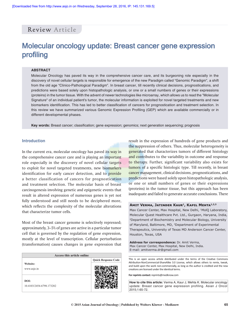 Pdf Molecular Oncology Update Breast Cancer Gene Expression Profiling