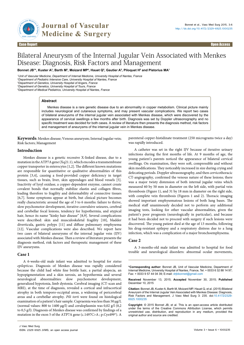 Pdf Bilateral Aneurysm Of The Internal Jugular Vein Associated With Menkes Disease Diagnosis