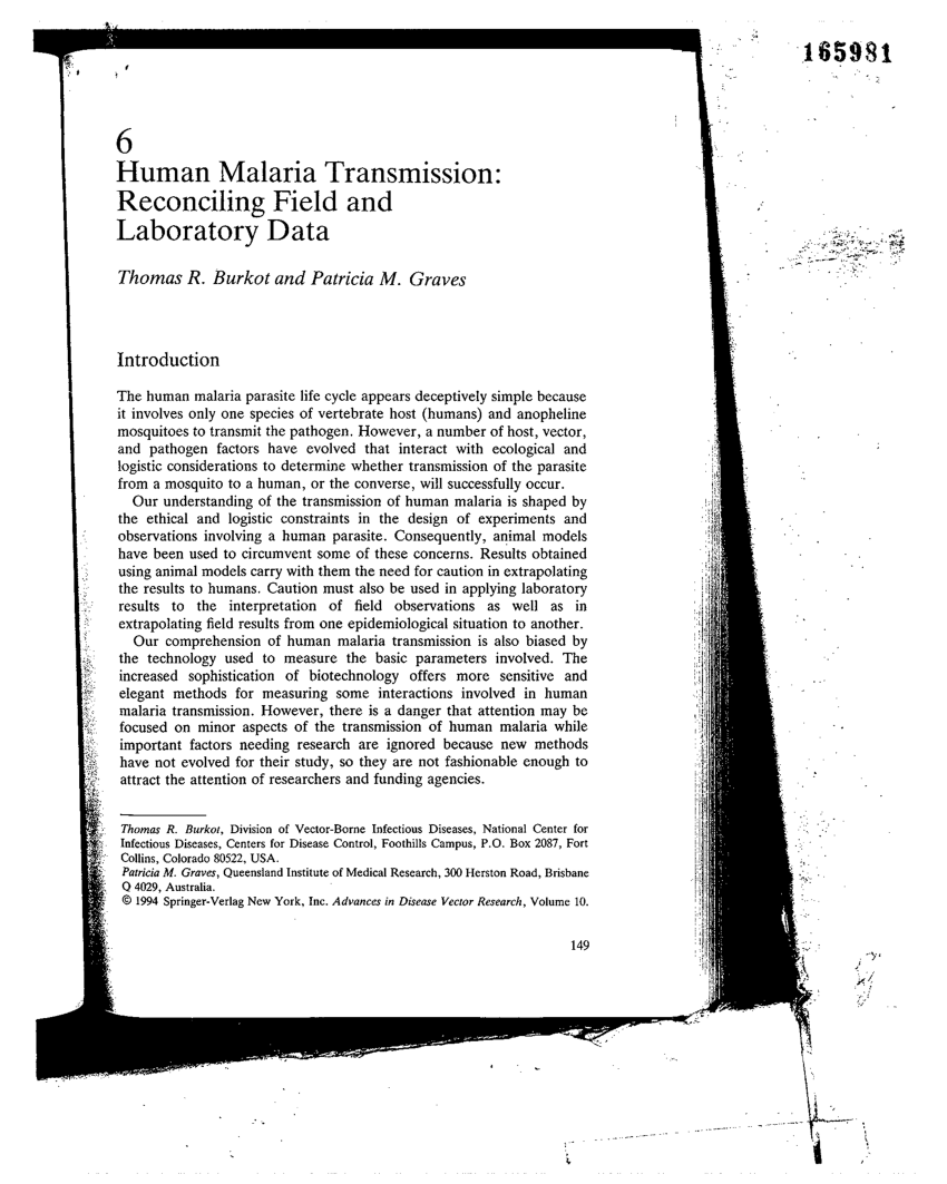 Pdf Human Malaria Transmission Reconciling Field And - 