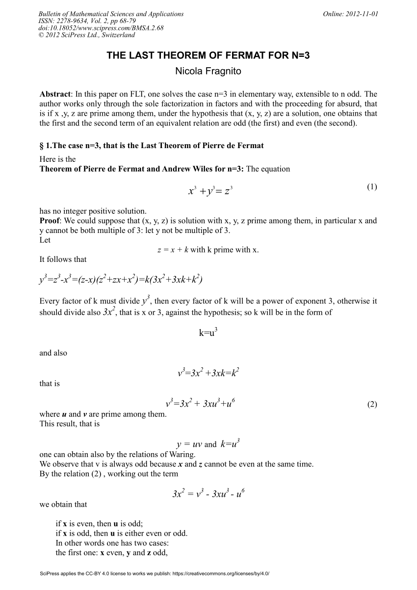 Pdf The Last Theorem Of Fermat For N 3