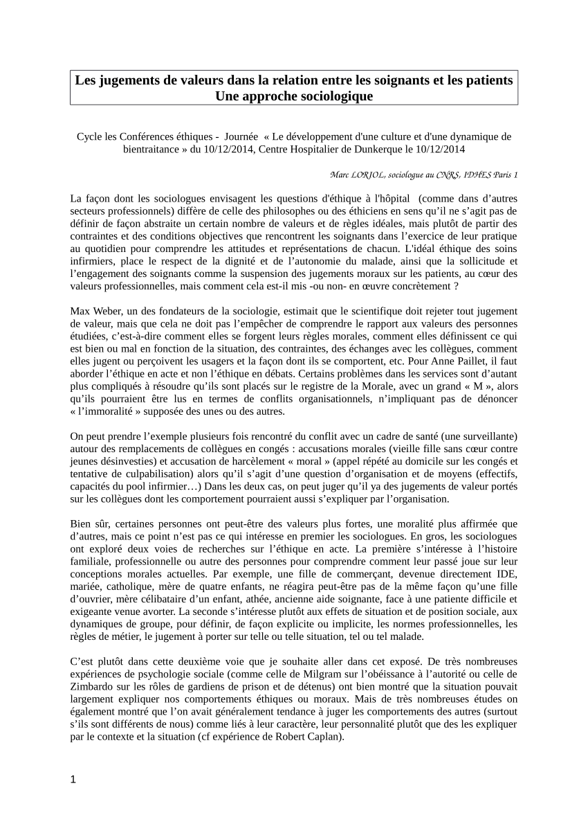 Pdf Les Jugements De Valeurs Dans La Relation Entre Les Soignants Et Les Patients Une Approche Sociologique