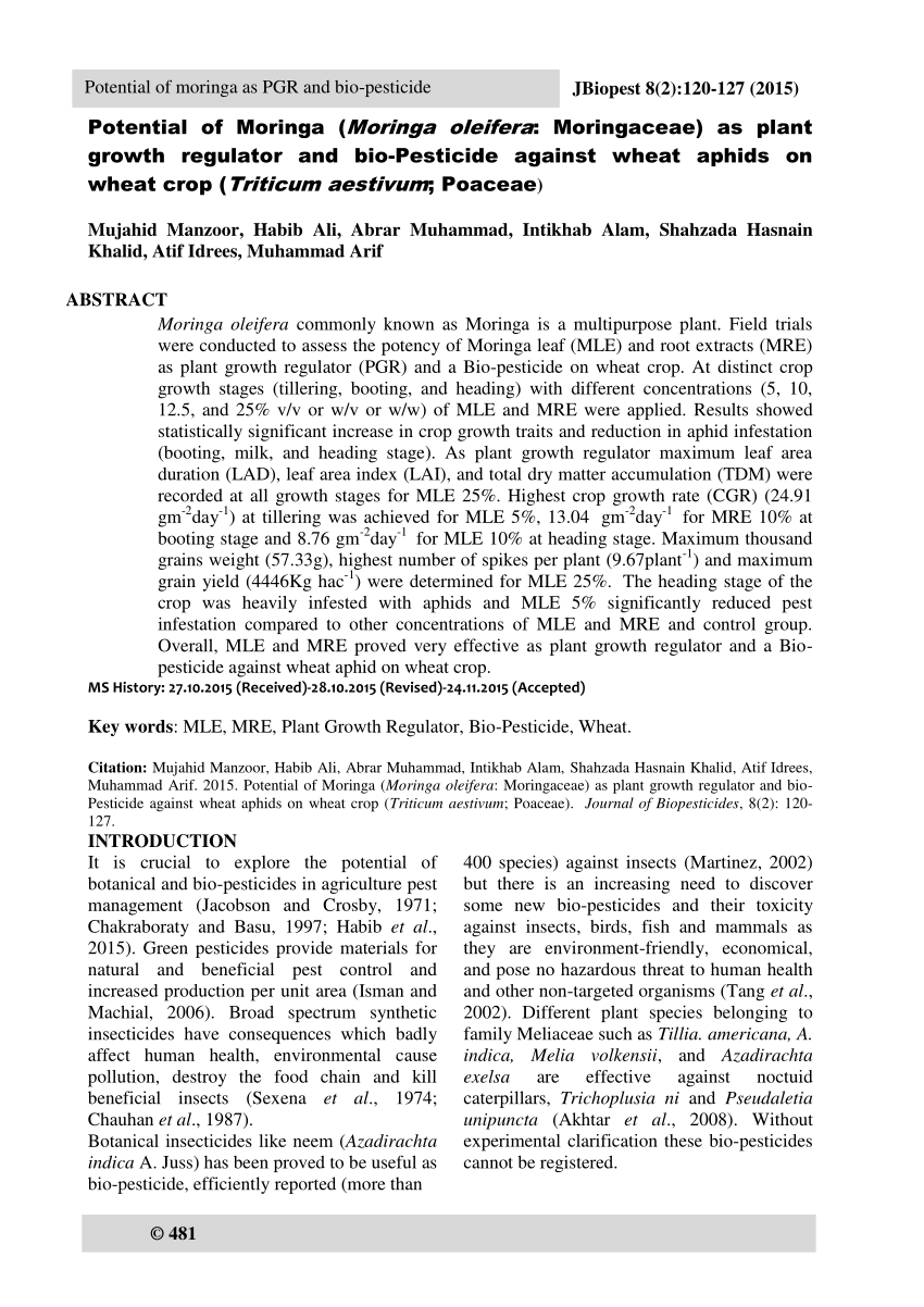 Pdf Potential Of Moringa Moringa Oleifera Moringaceae As Plant Growth Regulator And Bio Pesticide Against Wheat Aphids On Wheat Crop Triticum Aestivum Poaceae