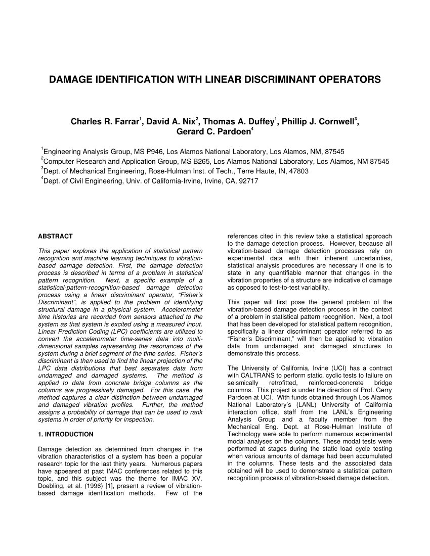 Pdf Damage Identification With Linear Discriminant Operators - 