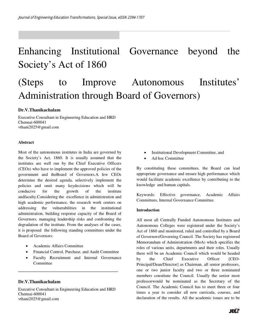 Pdf Enhancing Institutional Governance Beyond The Societys Act Of 1860 Steps To Improve 3488