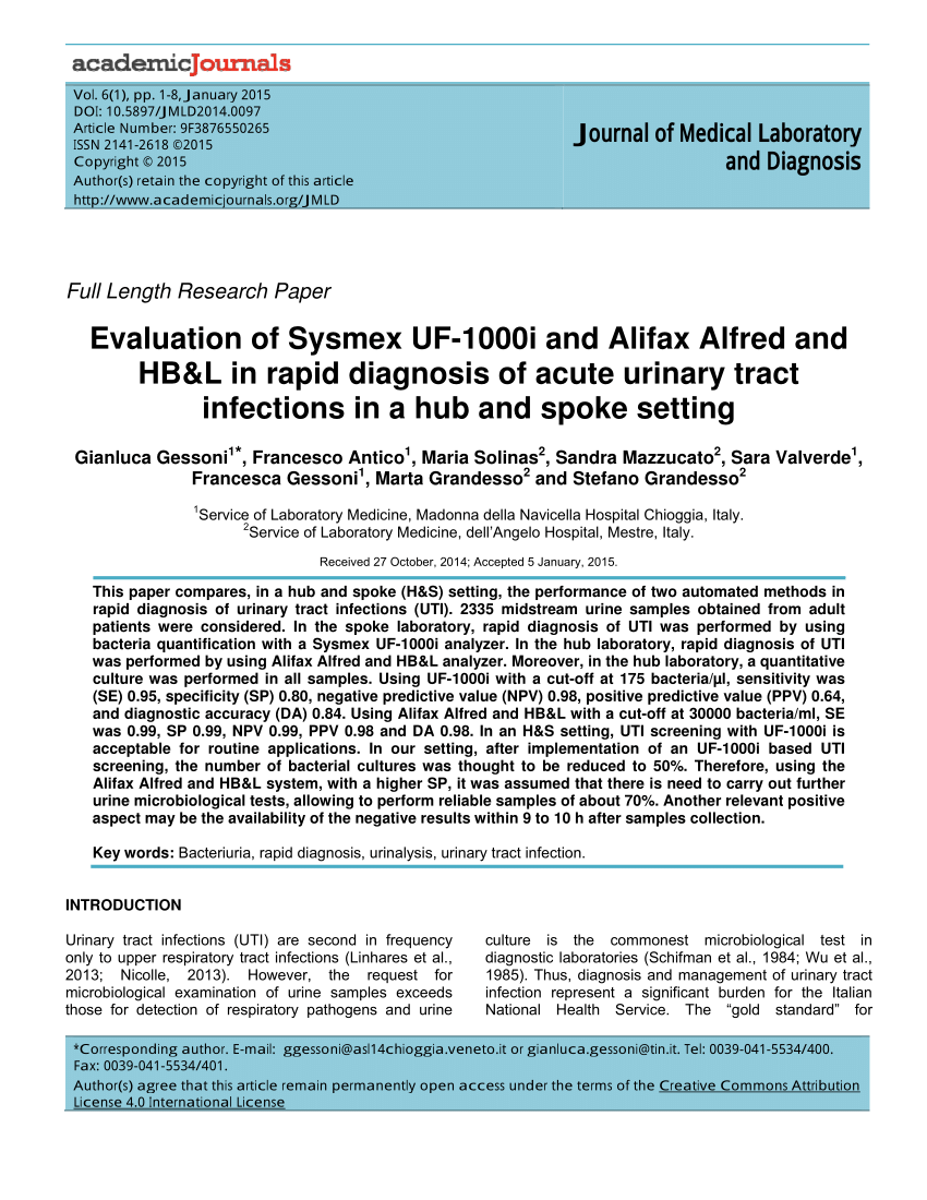 Pdf Evaluation Of Sysmex Uf 1000i And Alifax Alfred And Hbl In Rapid Diagnosis Of Acute 3282