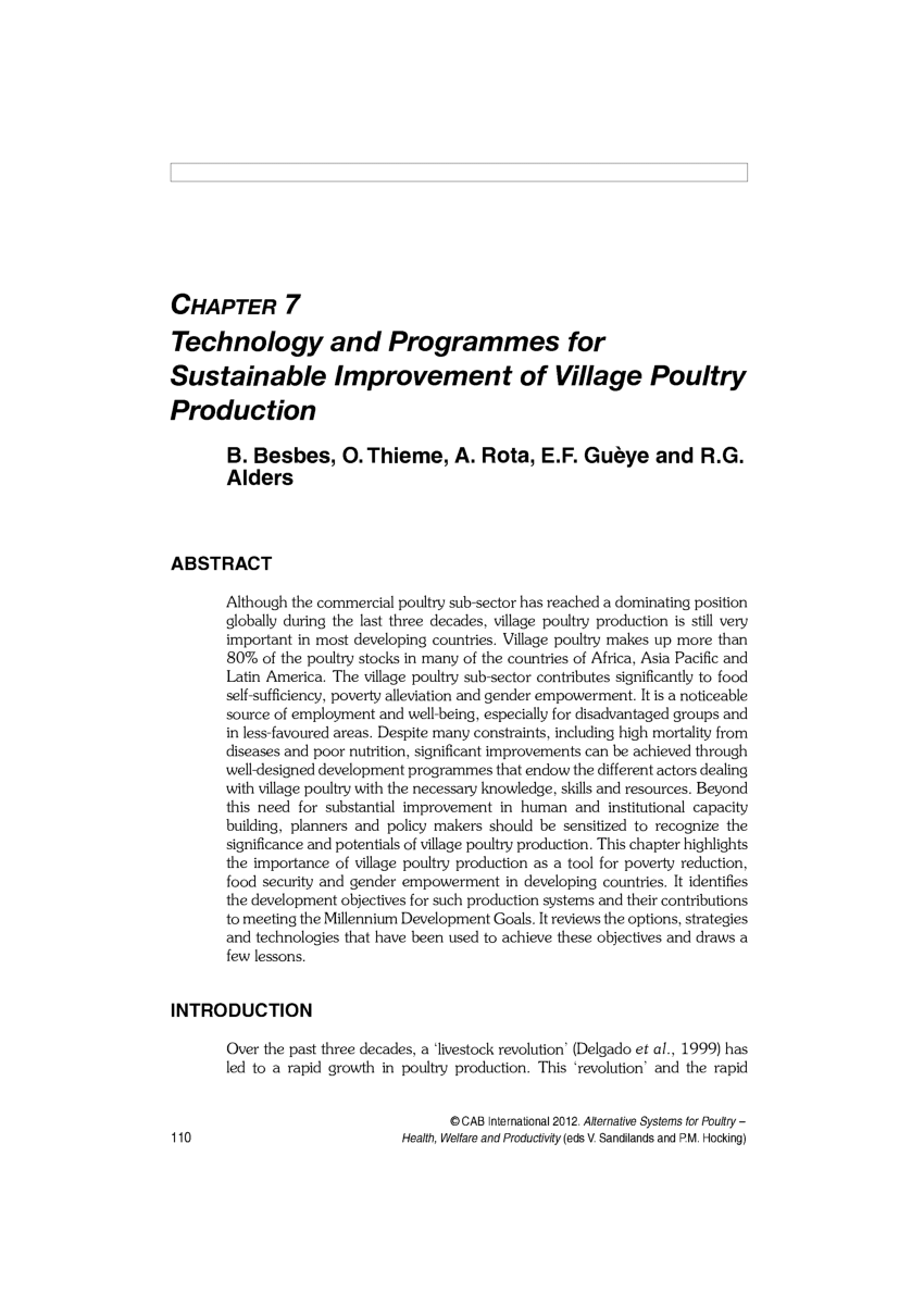 PDF) Technology and programmes for sustainable improvement of village  poultry production