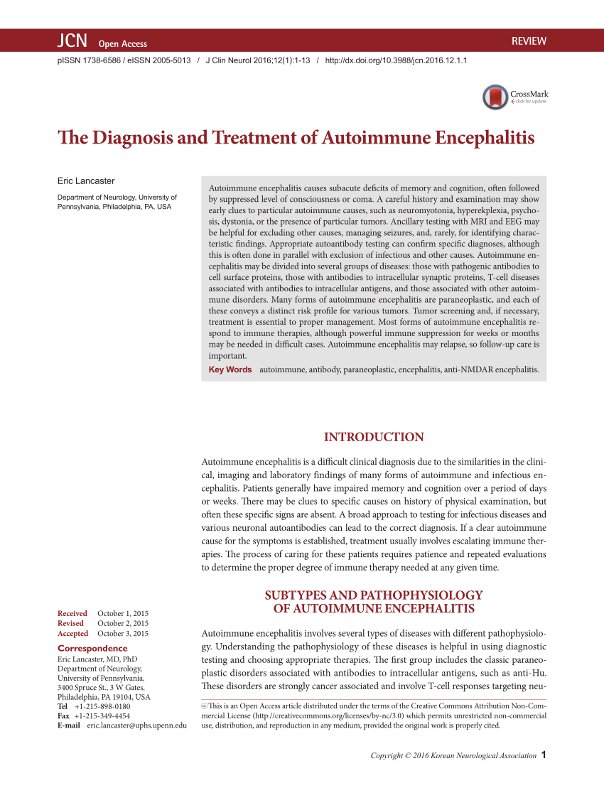 PDF) The Diagnosis and Treatment of Autoimmune Encephalitis