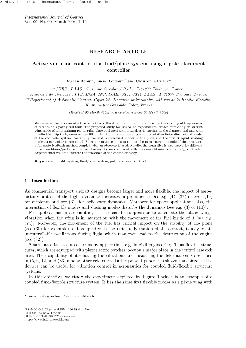 PDF) Active vibration control of a fluid/plate system