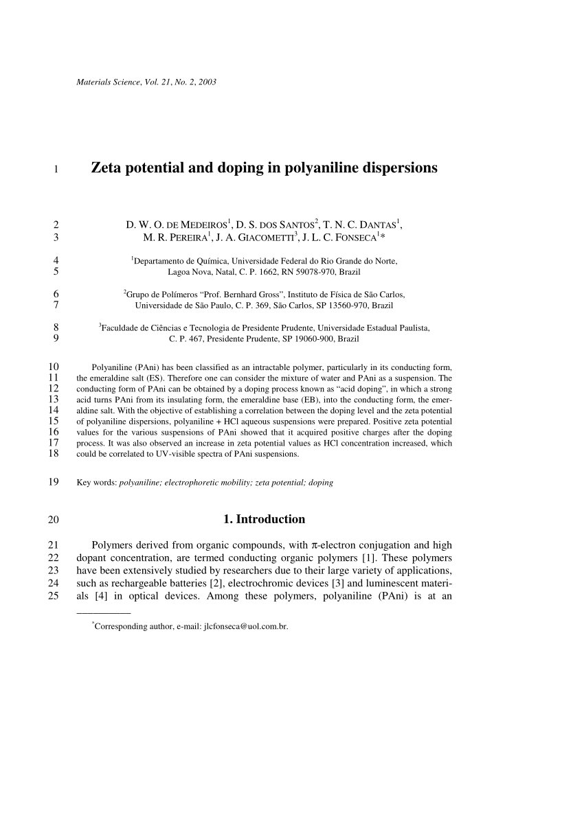 Pdf Zeta Potential And Doping In Polyaniline Dispersions