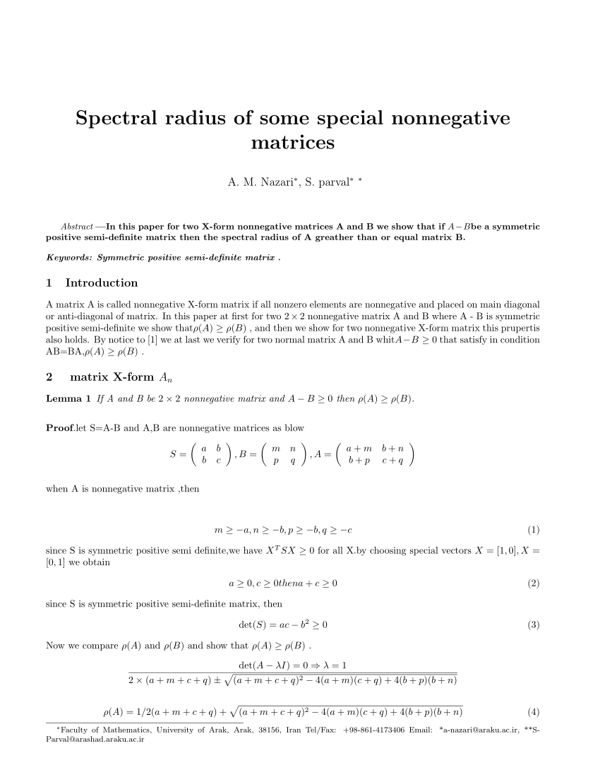 Pdf Spectral Radius Of Some Special Nonnegative Matrices