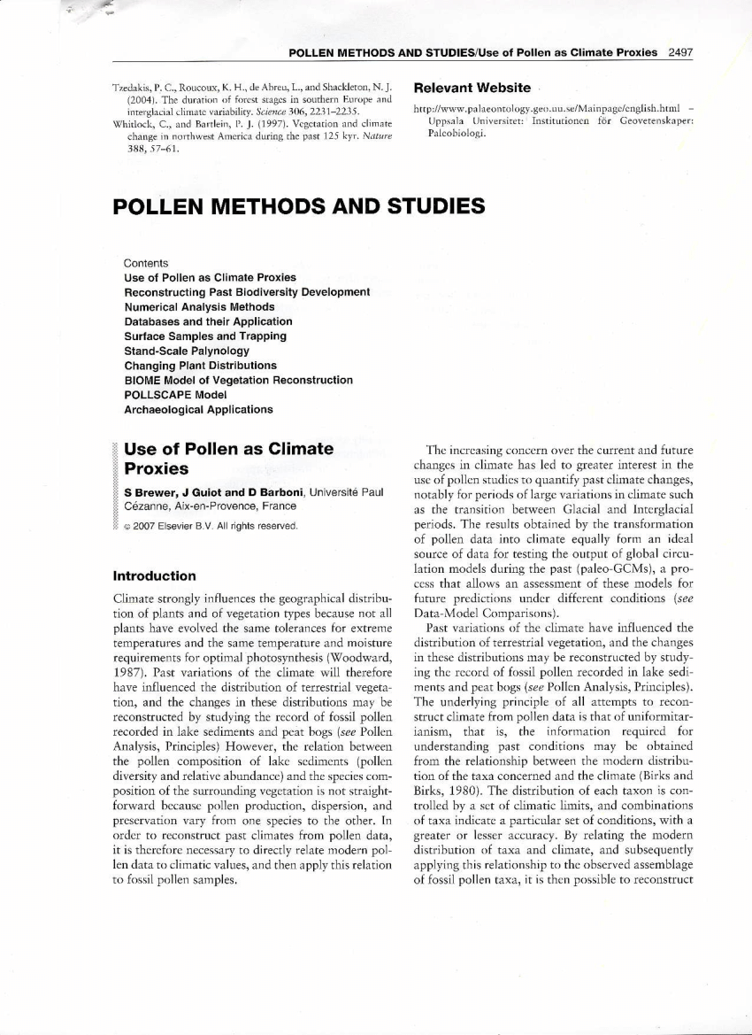 Pdf Use Of Pollen As Climate Proxies