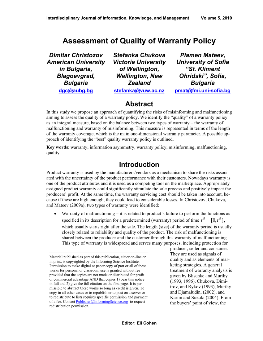 (PDF) Assessment of Quality of Warranty Policy