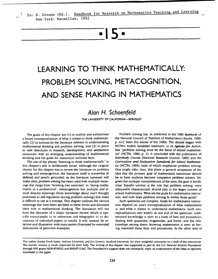 schoenfeld a. (1985). mathematical problem solving. new york academic press