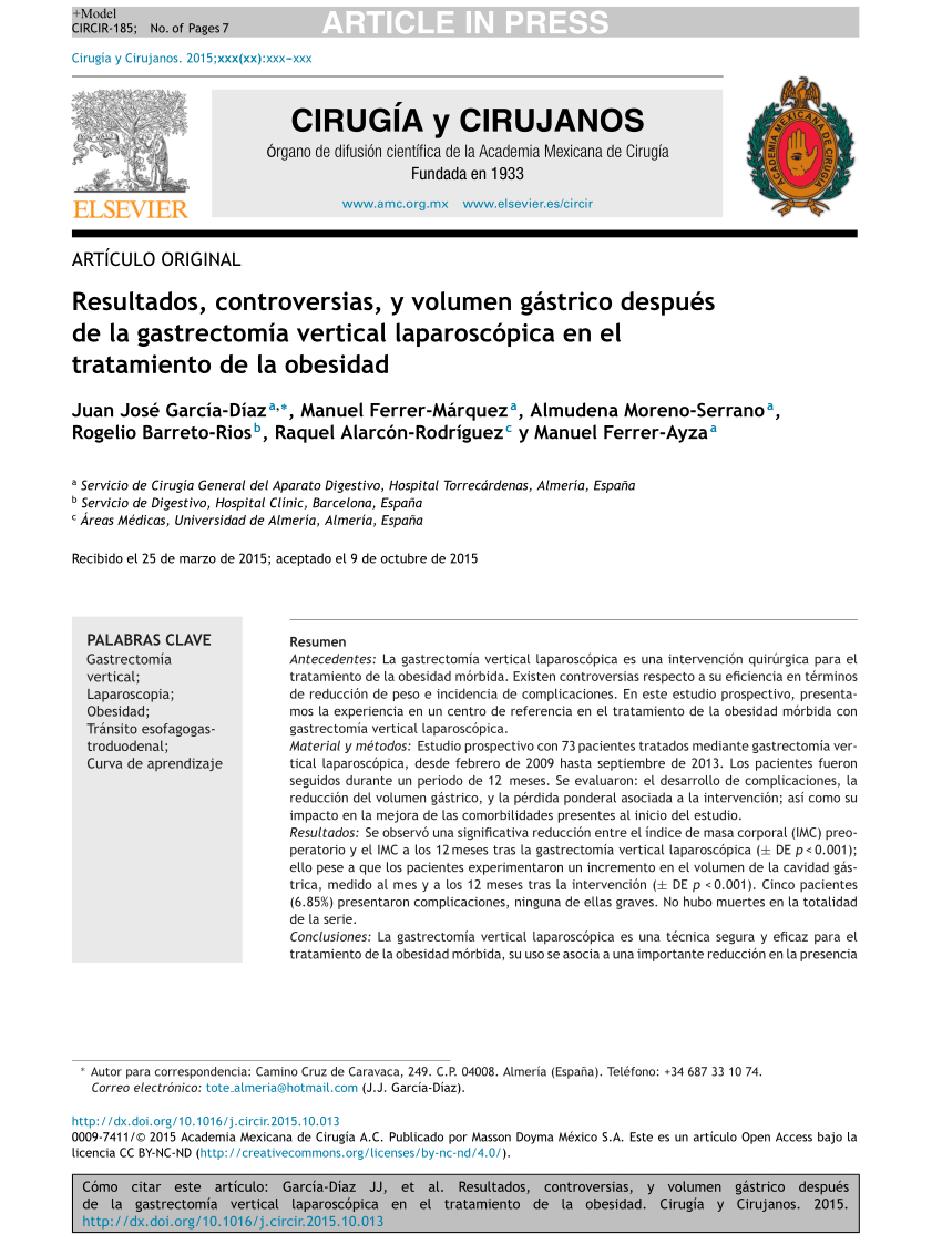 Pdf Resultados Controversias Y Volumen Gastrico Despues De La Gastrectomia Vertical Laparoscopica En El Tratamiento De La Obesidad