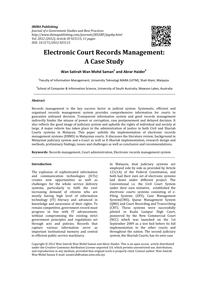 Pdf Electronic Court Records Management In Malaysia A Case Study