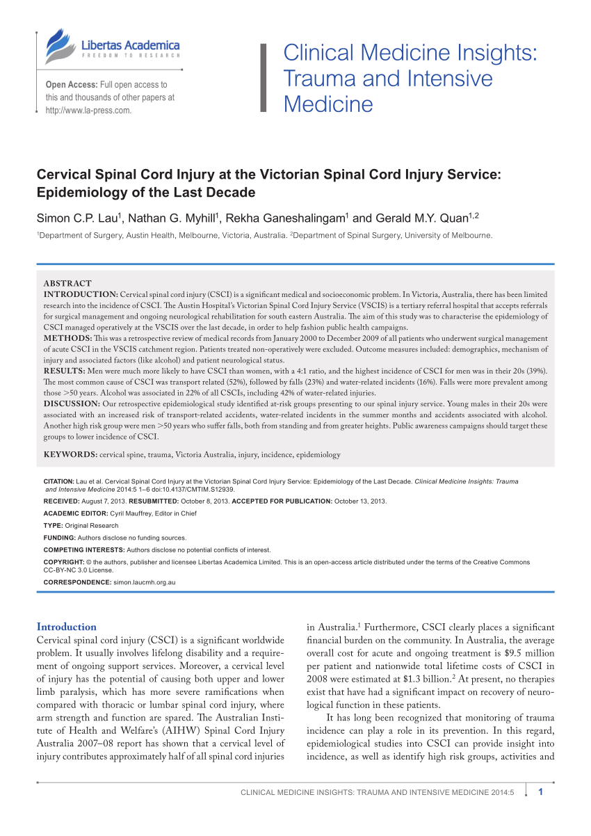 Pdf Cervical Spinal Cord Injury At The Victorian Spinal Cord Injury Service Epidemiology Of The Last Decade