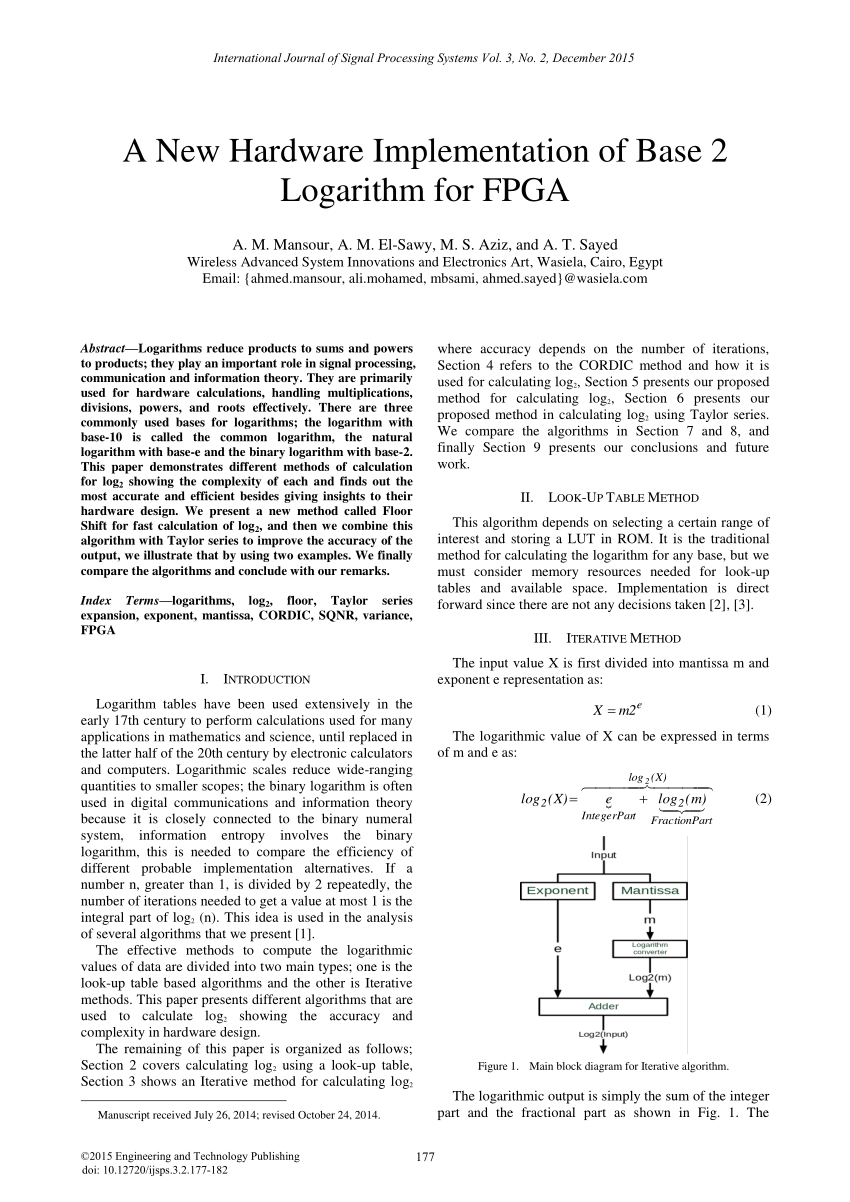 Pdf A New Hardware Implementation Of Base 2 Logarithm For Fpga