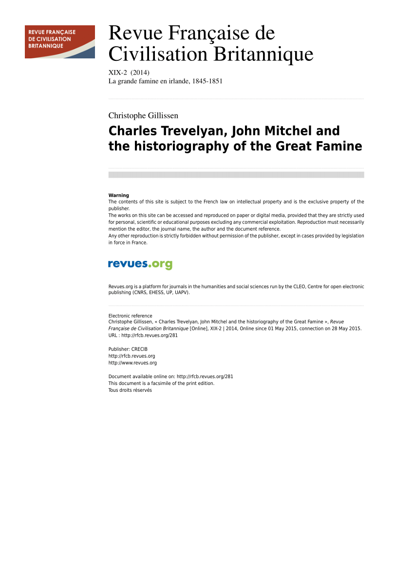 Pdf Charles Trevelyan John Mitchel And The Historiography Of The Great Famine 