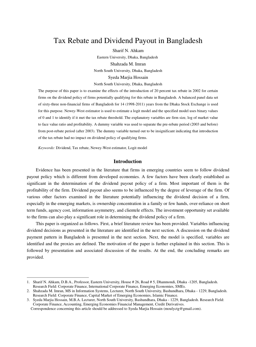 (PDF) Tax Rebate and Dividend Payout in Bangladesh