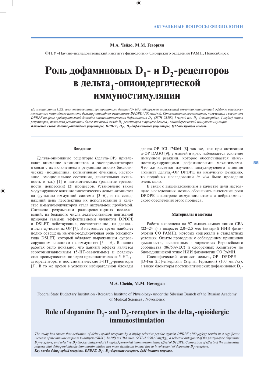 PDF) РОЛЬ ДОФАМИНОВЫХ D1- И D2-РЕЦЕПТОРОВ В ДЕЛЬТА1-ОПИОИДЕРГИЧЕСКОЙ  ИММУНОСТИМУЛЯЦИИ