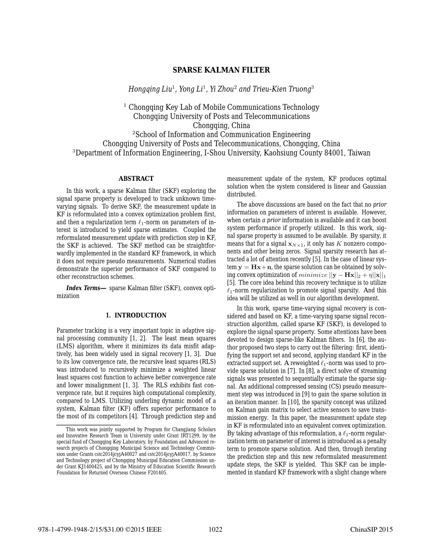 Pdf Sparse Kalman Filter