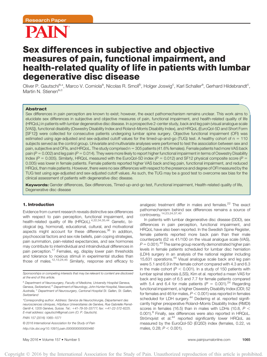 PDF Sex differences in subjective and objective measures of pain  