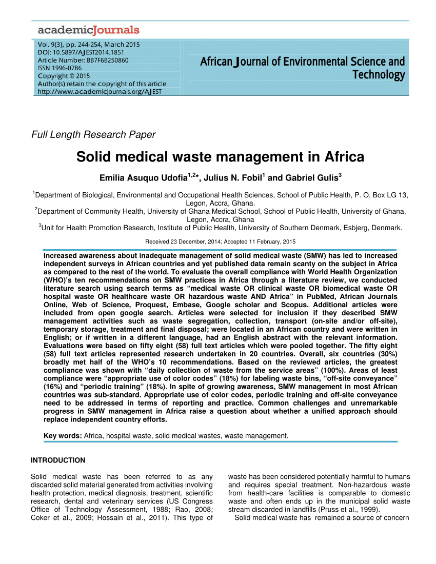 Pdf Solid Medical Waste Management In Africa
