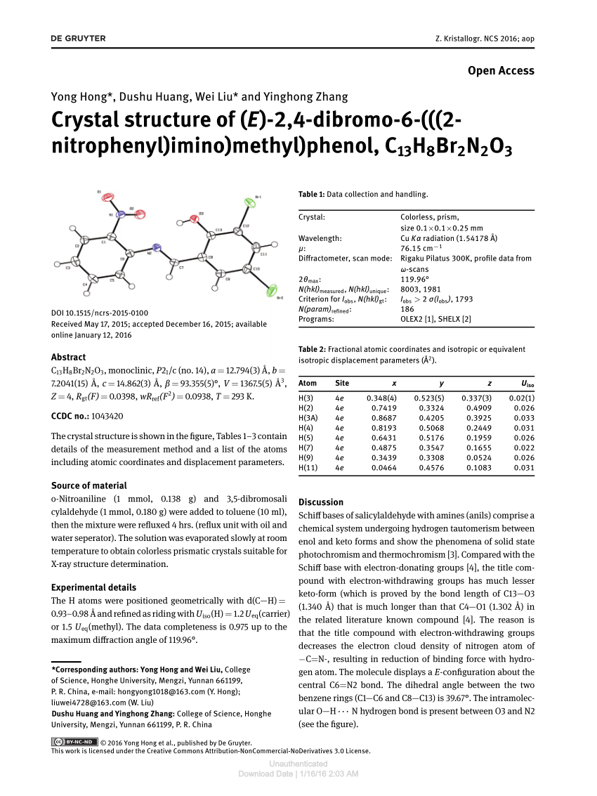 Pdf Crystal Structure Of E 2 4 Dibromo 6 2 Nitrophenyl Imino Methyl Phenol C13h8br2n2o3