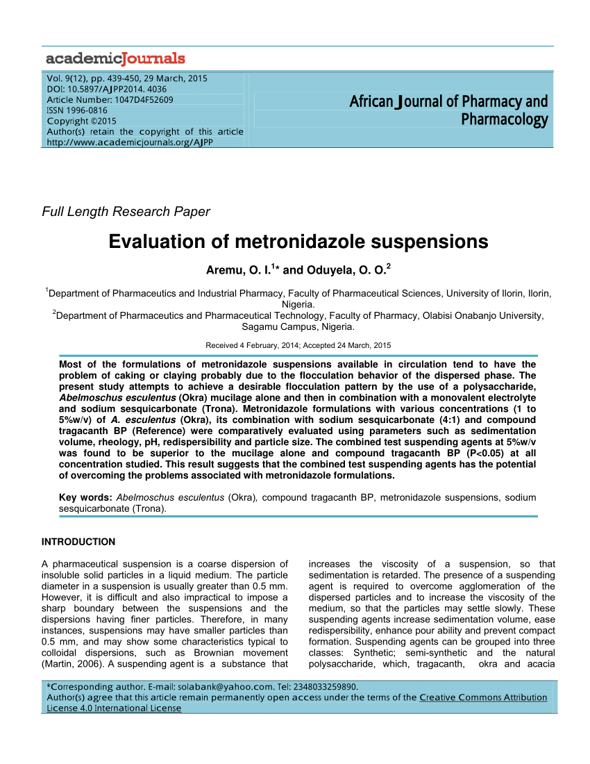 Pdf Evaluation Of Metronidazole Suspensions