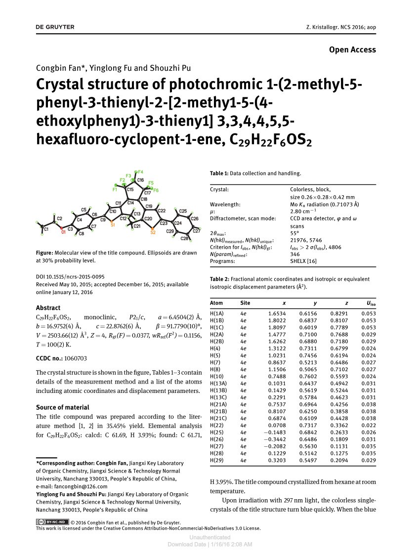 Pdf Crystal Structure Of Photochromic 1 2 Methyl 5 Phenyl 3 Thienyl 2 2 Methy1 5 4 Ethoxylpheny1 3 Thieny1 3 3 4 4 5 5 Hexafluoro Cyclopent 1 Ene C29h22f6os2