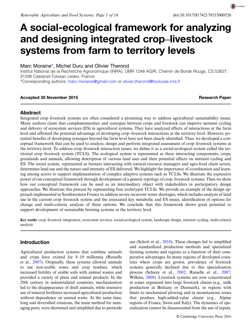 Pdf A Social Ecological Framework For Analyzing And Designing Integrated Crop Livestock Systems From Farm To Territory Levels